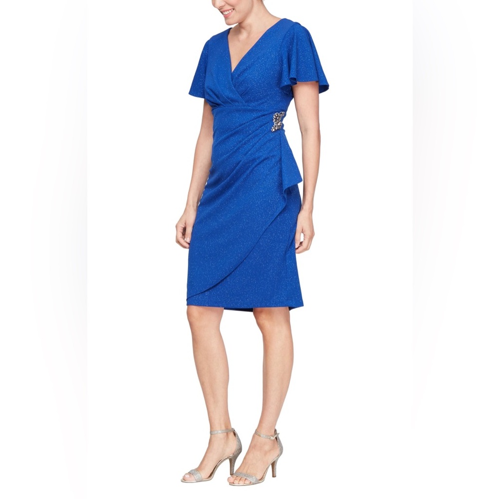 NWT SLNY Cobalt Blue Metallic Midi Wrap formal party Dress – Size 22W
